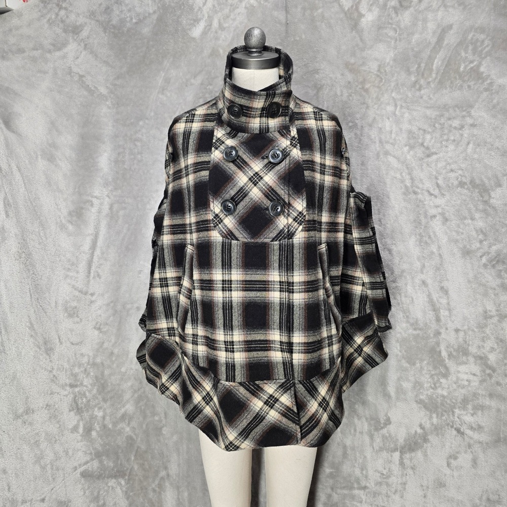 Ann Taylor LOFT Cape Poncho Women NS Black Plaid Wool Blend Double Breasted Cozy